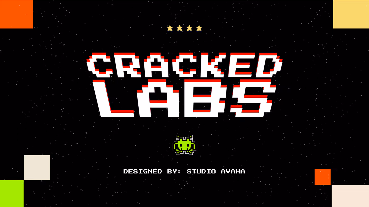 Cracked Labs Project Image - 1
Cracked Labs brand identity presentation by Studio Avaha, featuring a retro pixel-art theme, bold typography, vibrant color palette, and branded applications across digital, packaging, and event spaces.